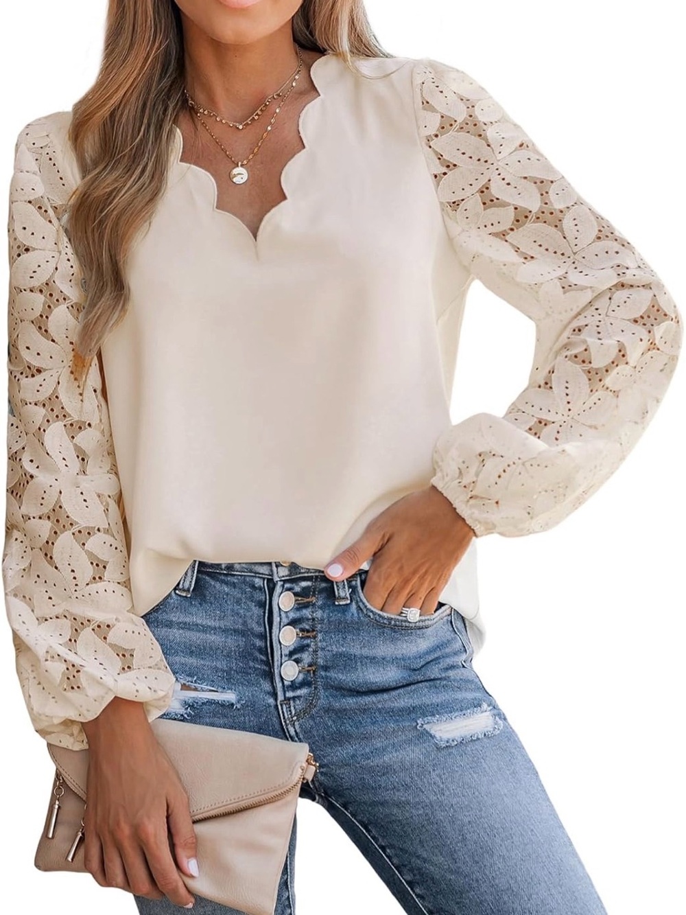 NWT Cupshe Cream Scallop-Neck Lace Sleeve Blouse